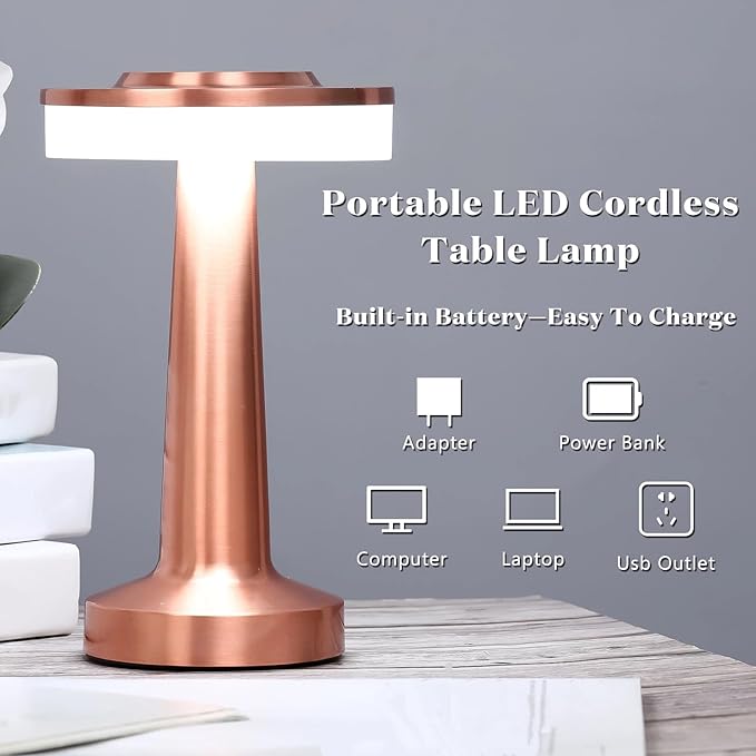 VIHOSE Cordless Table Lamps LED Portable Rechargeable Table Lamp with Touch Sensor 3 Color Dimming up to 15 Hours Battery Desk Light for Restaurant Nursery Living Room(Rose Gold,8 Pcs)
