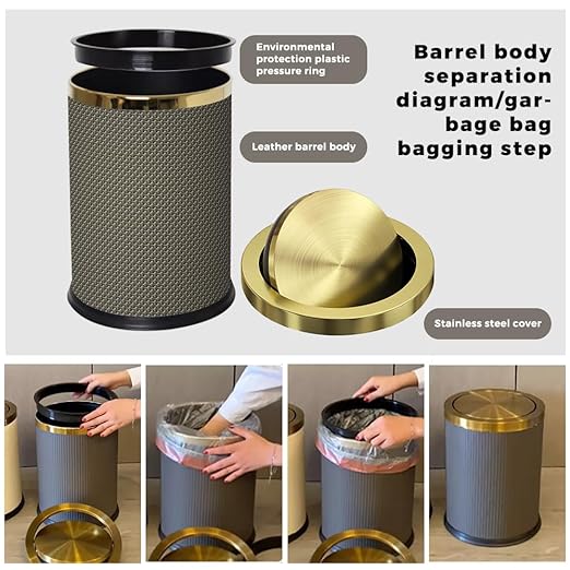 2.4 Gallon Bathroom Trash Can with Lid, Pu Leather Modern Garbage Can, Round Decorative Waste Basket, for Near Desk, Powder, Bedroom, Hotel, Office, Home (9L-Checked Grey)