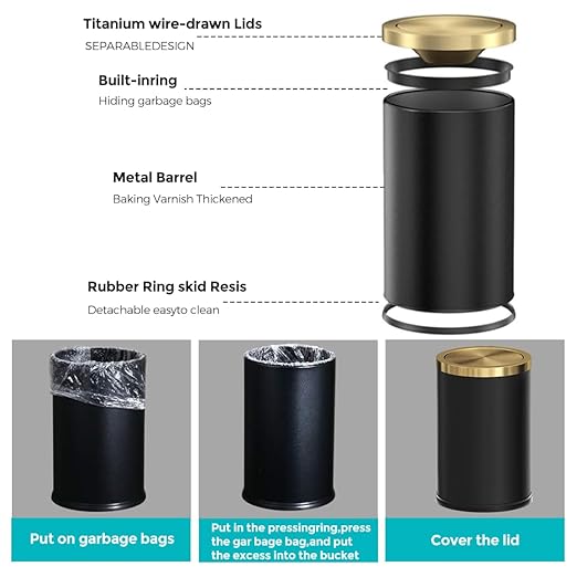 2.4 Gallon/9L Black and Gold Bathroom Trash Can Metal, Stainless Steel Wastebasket with lid, Brass Kitchen Garbage Can for Tolit Bedroom Powder Room Office Hotel (Black and Gold)