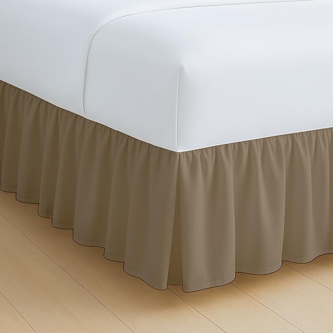 Rajlinen Ruffled Bed Skirt California King, 12 Inch Drop Dust Ruffle with Split Corners, 100% Microfiber Bedskirt with Platform, Three-Sided Coverage Ruffled Gathering Design, Taupe