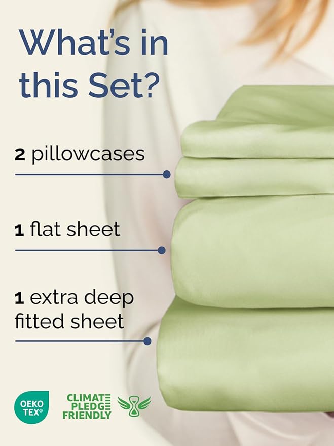 Extra Deep Twin Sheet Set - 4 Piece Breathable & Cooling Sheets - Hotel Luxury Bed Sheets Set - Easy & Secure Fit - Soft, Wrinkle Free & Comfy Sheets Set - Light Sage Sheet Set with Extra Deep Pockets