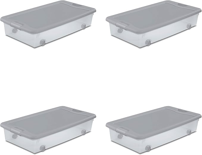 Sterilite 4 Pack Wheeled Under Bed Storage Container, 56 Qt Plastic Bin with Latching Lid for Organization - Clothes & Shoes Organizer, Silver Tint