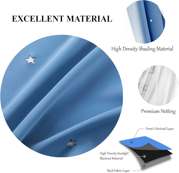 Star Blackout Curtains Double Layer Curtains Blackout Curtains for Bedroom Girls Kids Room Curtains Cute Colorful Window Nursery Curtain, 84 Inches Long, 2 Panels Set, Blue, 42 X 84 Inches