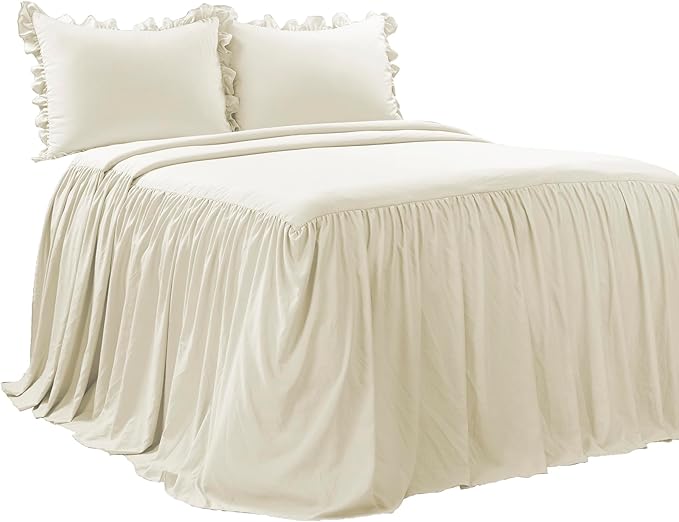 Lush Decor Ruffle Skirt Bedspread Set - 3 Piece Luxurious Farmhouse Bedding Set - Elegant, Charming Ruffle Detail - Timeless Style & Classic Design - Soft and Lightweight - Full, Ivory