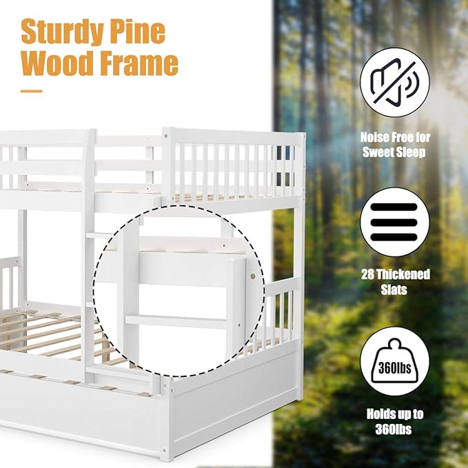 KOMFOTT Wood Full Over Full Bunk Bed with Trundle, Full Bed Frame with Ladder, Solid Wood Frame & Safety Guardrails, Space-Saving Bunk Bed for Teens & Adults, No Box Spring Needed