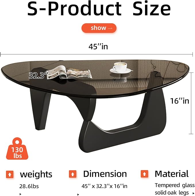 Glass Coffee Table, Mid Century Modern Coffee Table, Coffee Table for Living Room Center Table Suitable for Bedroom Living Room Reception Office Tables (Black/Grey, Large)
