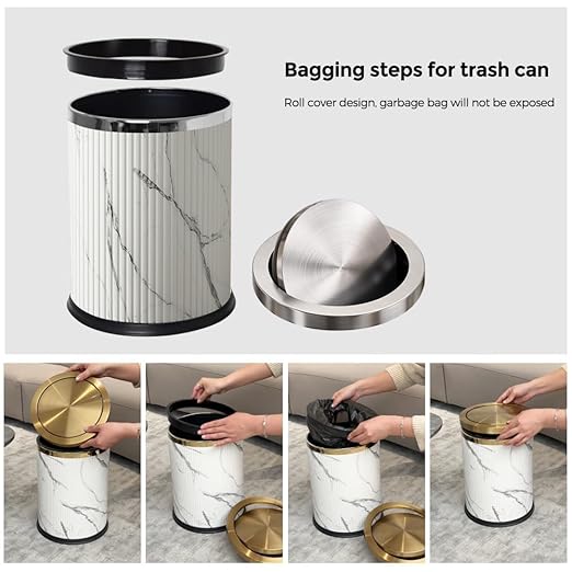 4 Gallon / 15L Trash Can Bathroom with Swing Lid, White Gold Garbage Can, Leather, Modern, Large Office Waste Basket, for Bedroom, Kitchen, Powder Room, Hotel, Business(15L Ink Marble)