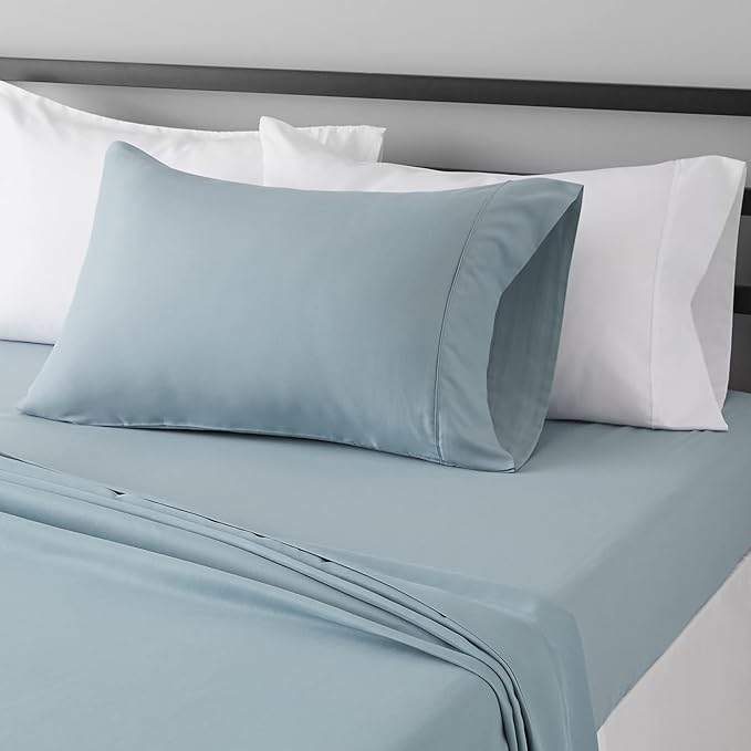 Amazon Basics Lightweight Super Soft Easy Care Microfiber 3 Piece Bed Sheet Set with 14-Inch Deep Pockets, Twin XL, Spa Blue, Solid (Pack of 4)