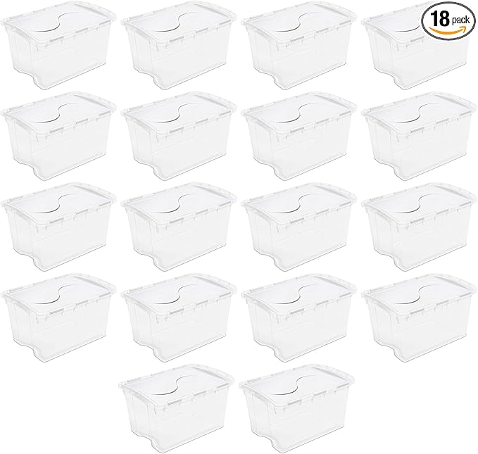 Sterilite 48 Qt Hinged Lid Storage Box, Stackable Bin with Lid, Plastic Container to Organize Home, Office, Basement, Clear with White Lid, 18-Pack