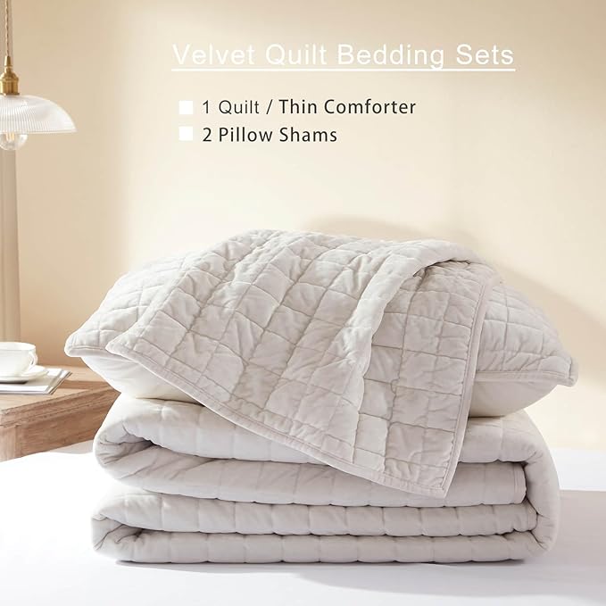 LEAONME Velvet Quilt King Size-98''x106'', Lightweight White Velvet Comforter Set with 2 Pillow Shams, Soft Bedspread Coverlet Quilted Bedding Set for All Season