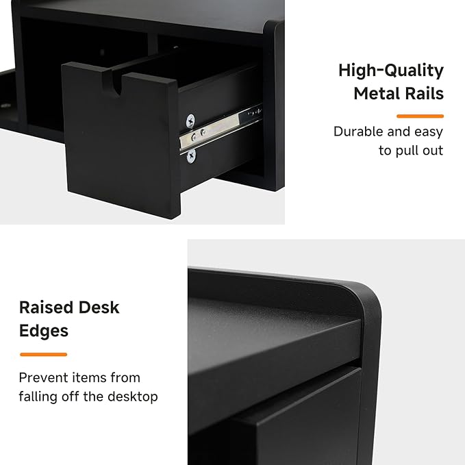 Floating Nightstand with Drawer & Shelf,Wall Mounted Bedside Table for Small Bedrooms,Modern Black End Table with Space Saving Design（Black）