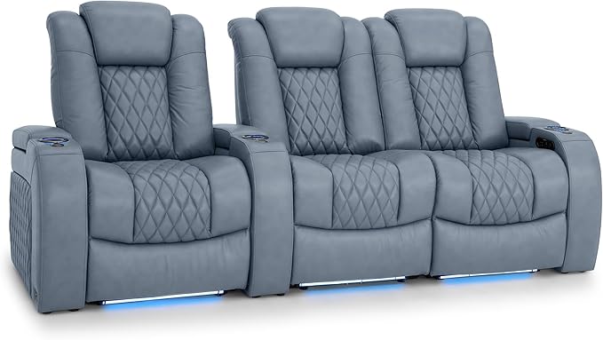 Seatcraft Diamante Zero-Gravity CoolZero Italian Leather Home Theater Seating, Power Headrest, Power Recline, Row of 3 Right Loveseat, Smokey Blue