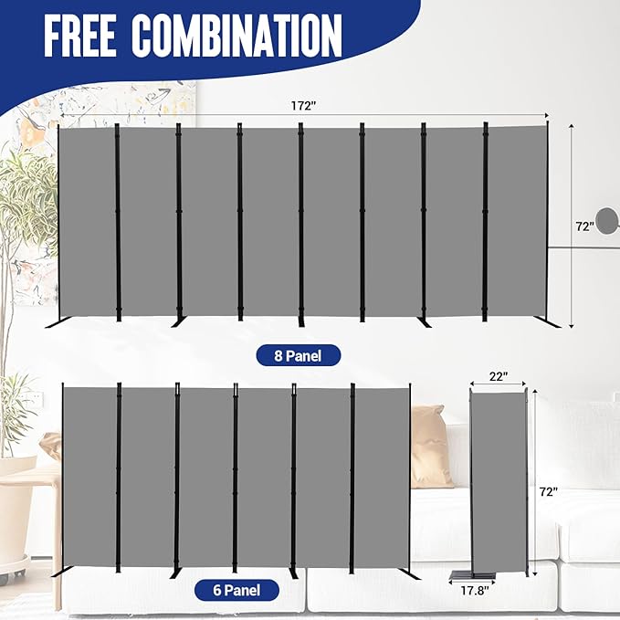 Room Divider and Folding Privacy Screens 8 Panel, 14.67 Ft Wide Partition Room Dividers, Portable Room Divider Panel for Room Separtition, Large Wall Dividers for Room, Office, School,Studio Grey