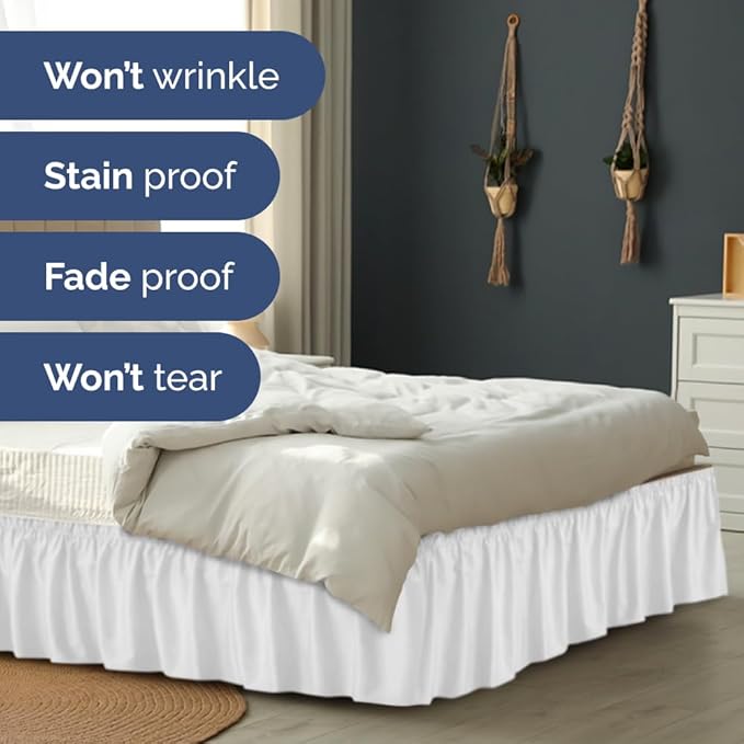 Wrap Around Dust Ruffle Bed Skirt - White - for King Size Beds with 21 Inch Drop - Easy Fit Elastic Strap - Adjustable Pleated Bedskirt w/Brushed Fabric - Wrinkle Free - for Women, Men, Kids & Teens