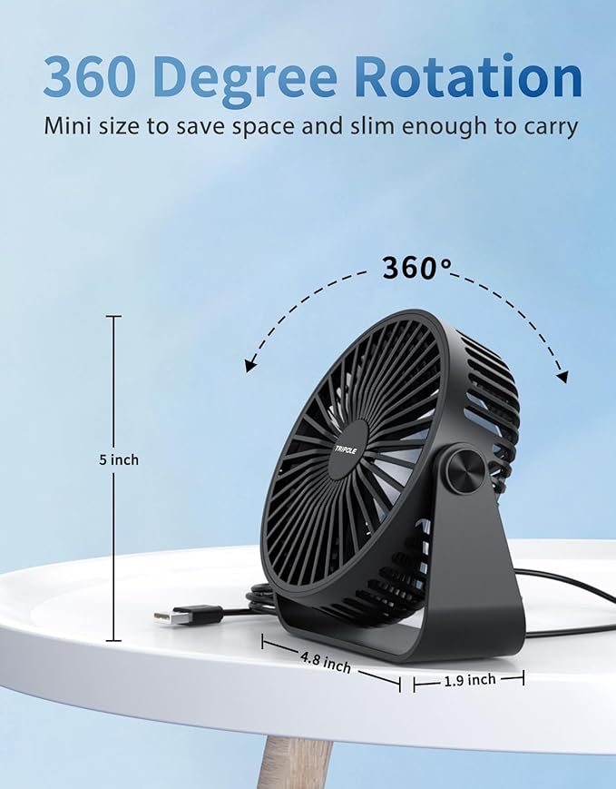 TriPole USB Desk Fan Portable Mini Fan Powerful 3 Speeds Wind Personal Desktop Fan with 360° Head Rotation for Home Office Car Indoor Outdoor 2 Pack Black, No Battery, 4.5 Inches