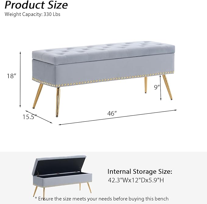 Velvet Storage Bench with Gold Legs& Nailhead Trim, 46" Wide Upholstered Modern Bedroom Bench for End of Bed, Tufted Ottoman for Entryway Living Room Dining Room (Gray, 46" Wide)
