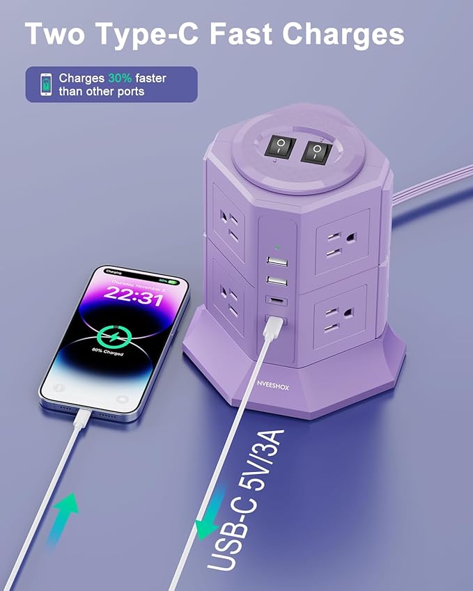 Flat Plug Power Strip Tower with 8 Outlets 4 USB Ports (2 Type C), Surge Protector Power Strip with 6.5 FT Extension Cord, Outlet Extender Charging Station with Multiple Outlets for Home Office Dorm