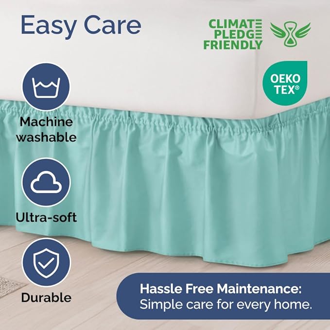 Wrap Around Dust Ruffle Bed Skirt - Spa Blue - for King Size Beds with 21 Inch Drop - Easy Fit Elastic Strap - Adjustable Pleated Bedskirt w/Brushed Fabric Wrinkle Free - for Women, Men, Kids & Teens