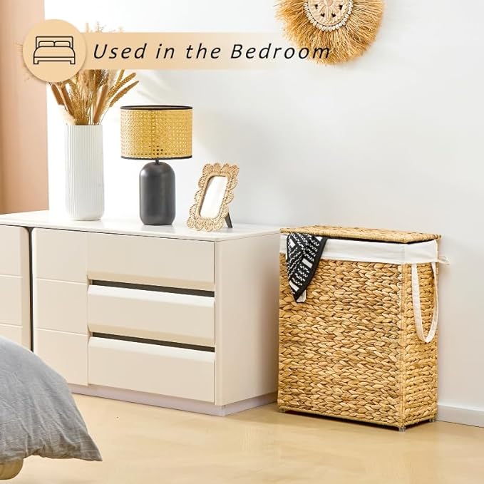Handwoven Slim Laundry Hamper with Lid, 75L Natural Water Hyacinth Basket and Handles, Narrow Wicker Laundry Basket with Removable Liner Bag & 2 Mesh Bags