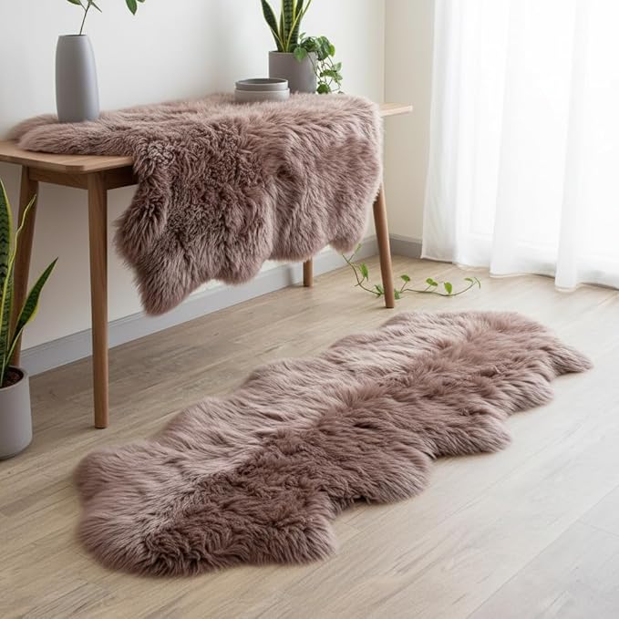 Premium Genuine Sheepskin Rug 2' x 6' Long Fur Soft & Natural Bedside Area Rug, Tan, Double Pelt