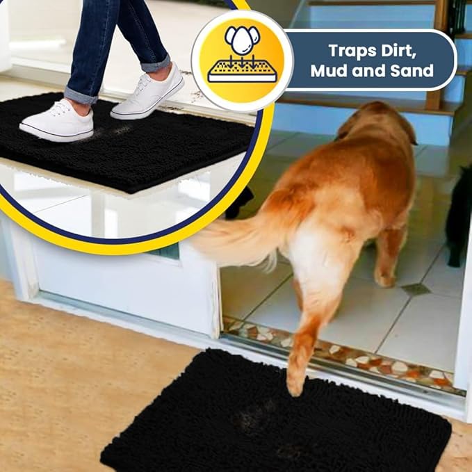 Muddy Mat® AS-SEEN-ON-TV Highly Absorbent Microfiber Door Mat and Pet Rug, Non Slip Thick Washable Area and Bath Mat Soft Chenille for Kitchen Bathroom Bedroom Indoor and Outdoor - Black 5ft x 7ft