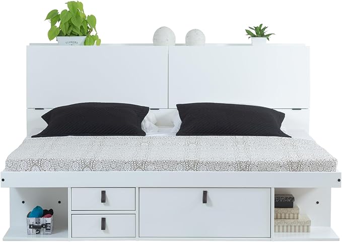 memomad Bali Set: Storage Platform Bed with Drawers + Bookcase Headboard (King Size, White Wood)