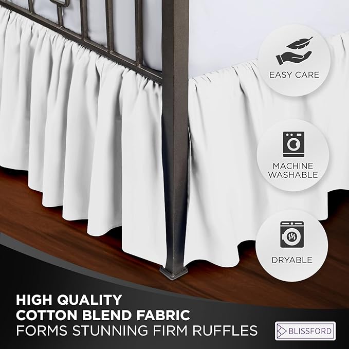 BLISSFORD White Bed Skirt Queen Size 21 inch Drop - with Split Corners - Cotton Blend Ruffled Bed Skirt, Dust Ruffle with Platform, White Queen Size Bedskirt, Machine Washable