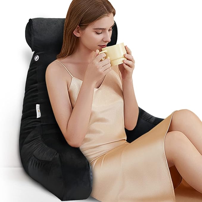 mittaGonG Reading Pillow for Sitting in Bed Adult with Detachable Neck Roll & Big Backrest Pillow for Bed Sitting up with Arms Side Pocket Shredded Foam Large Back Chair Pillow with Washable Cover