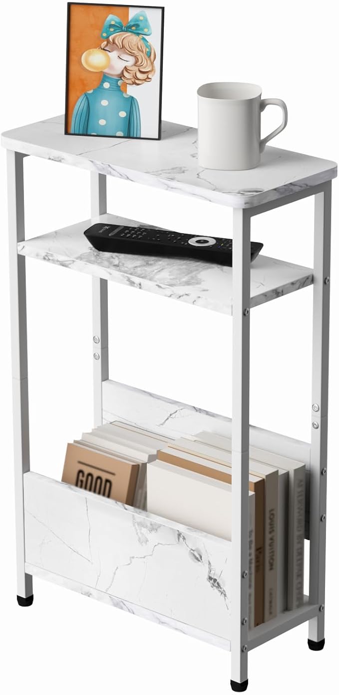 THUMEYE 7.1" Narrow Side Table for Small Spaces, 3 Tier Small End Table with Magazine Holder, Slim/Skinny Nightstand/Bedside Table, 15.4" L x 24.2" H, Faux White Marble with White Legs