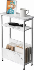 THUMEYE 7.1" Narrow Side Table for Small Spaces, 3 Tier Small End Table with Magazine Holder, Slim/Skinny Nightstand/Bedside Table, 15.4" L x 24.2" H, Faux White Marble with White Legs