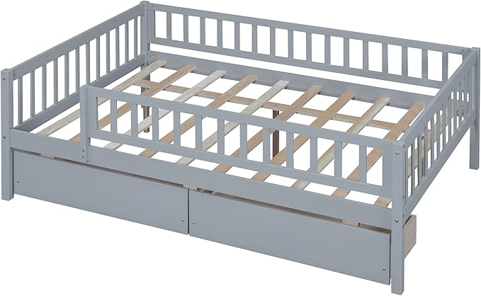 Bellemave Full Size Bed Frames with Rails for Kids, Full daybed Frame with Drawers for Boys/Girls/Adults， Gray