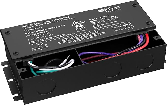 EMITEVER 60W Dimmable LED Driver, 24V Triac Dimmable Power Supply, AC to DC Transformer for LED Light, Compatible with Lutron and Leviton Dimmer, Waterproof IP67 and UL Listed, Class 2