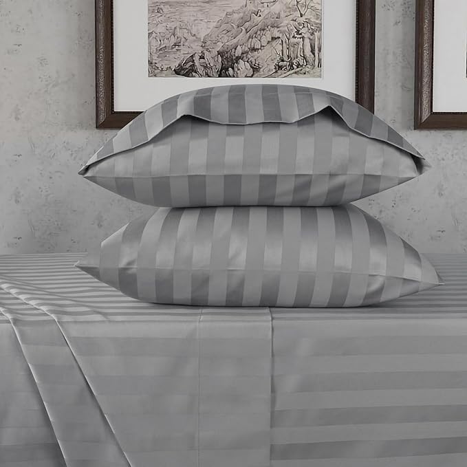 URBANHUT 800 Thread Count 100% Cotton Damask King Size Sheets, 4 Piece Striped King Size Bedsheets, Luxury Hotel Sheets Sateen Weave - Better Than Egyptian, 16" Elasticized Deep Pocket- Dark Grey