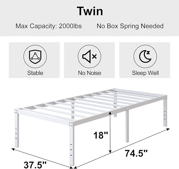 18 Inch White Twin Bed Frame Heavy Duty No Box Spring Needed Metal Platform with Maximum Storage, Easy Assembly, Noise Free
