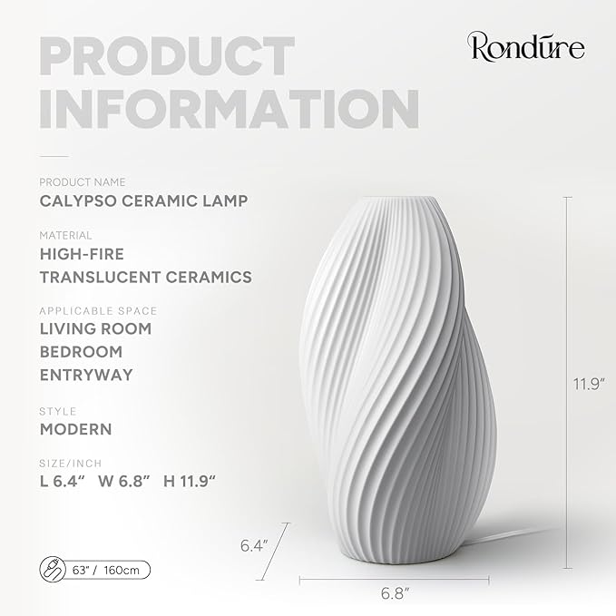 RONDURE 11.9" Modern Ceramic Table Lamp, Fully Dimmable Modern Bedside Lamps for Bedroom, Living Room and Nightstand, White Translucent Ceramic Shade, Warm Ambient Lighting, Corded, Bulb Included