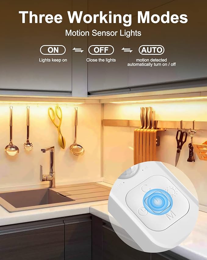 Motion Sensor LED Strip Light - Cabinet Strip Lights with 24W Plug, Dimmer, and Timing, 16.4ft for Under Cabinet, Kitchen, 3000K WarmWhite