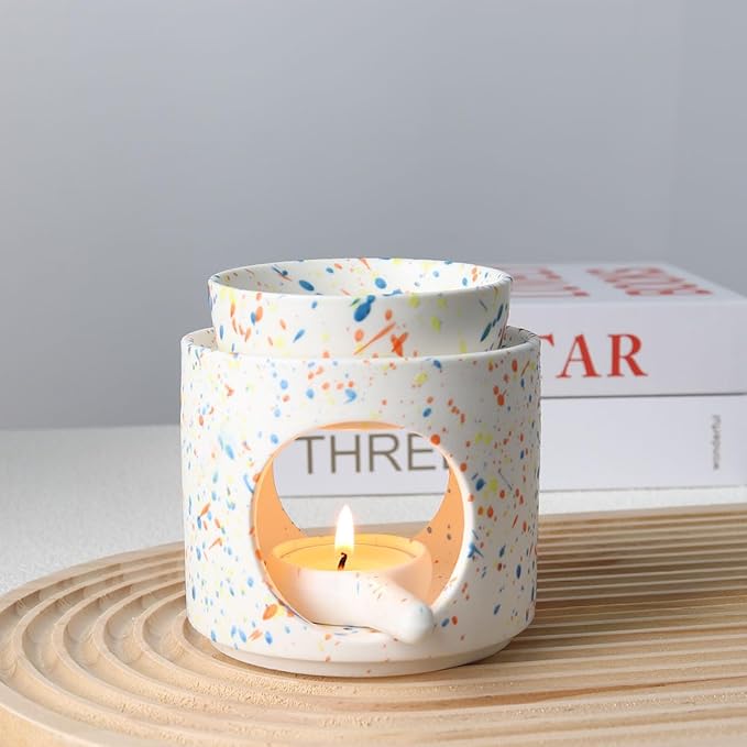 Ceramic Fragrance lamp with Tea Light Holder | Aroma lamp | Scented Oil and Scented Wax Diffuser | H*11cm ø10cm Removable Bowl | Grooved Surface (Multicolor)