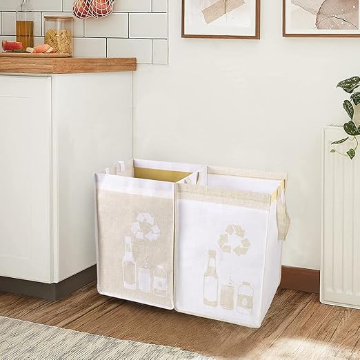 BeBesta Recycle Waste Bin Bags for Kitchen ， Home Trash Sorting Bins Organizer Baskets，Waterproof Baskets Compartment Container- Yellow&White 2PCS