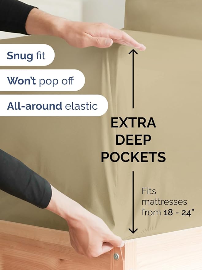 Extra Deep Cal King Sheet Set - 6 Piece Breathable & Cooling Sheets - Hotel Luxury Bed Sheets Set - Easy & Secure Fit - Soft, Wrinkle Free & Comfy Sheets Set - Beige Sheet Set with Extra Deep Pockets