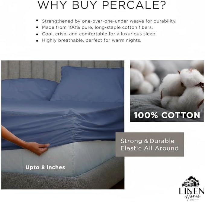 Linen Home 100% Cotton Percale Sheet Set, Twin Size, Baby Blue, Deep Pocket, 4 Pieces Set - 1 Flat, 1 Deep Pocket Fitted Sheet and 2 Pillowcases, Crisp Cool and Strong Bed Linen