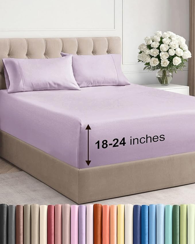 Extra Deep Twin Sheet Set - 4 Piece Breathable and Cooling Sheets - Hotel Luxury Bed Sheets Set - Easy Fit - Soft, Wrinkle Free and Comfy Sheets Set - Light Lavender Sheet Set with Extra Deep Pockets