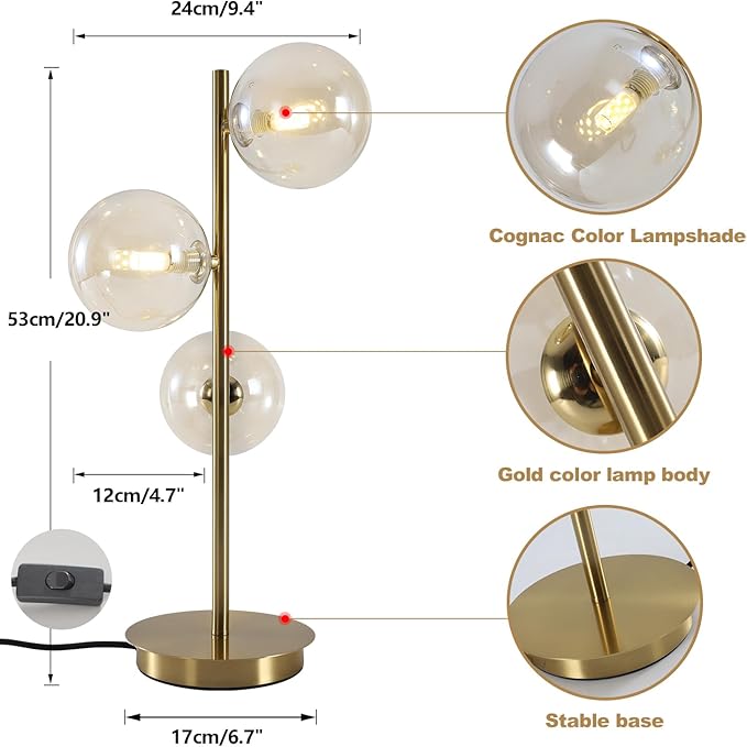 Gold Globe Bedside Lamp, 3 Lights Mid Century Modern Table Lamp, Contemporary Cognac Glass Globe Readin Lamp for Bedroom Living Room Study Room