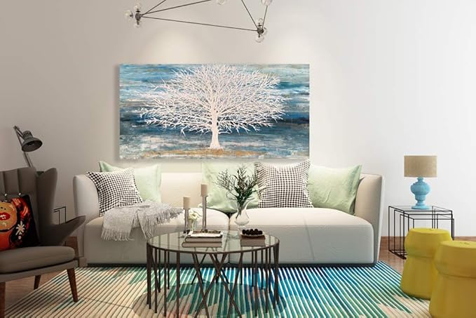 RICHSPACE ARTS Modern Tree Canvas Wall Art Teal Blue and White Pictures Large Abstract Decor Framed Landscape Oil Painting Artwork with 3d Texture and Gold Foil for Living Room Bedroom(20W*40L