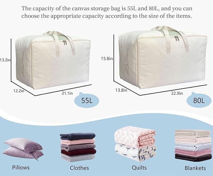 Soft Large Canvas Comforter Storage Bags with Four Carrying Handles and Clear Window, Closet Organizer for Clothing, Blankets Sheets Pillows and Bedding, 80L, 2 Pack, White