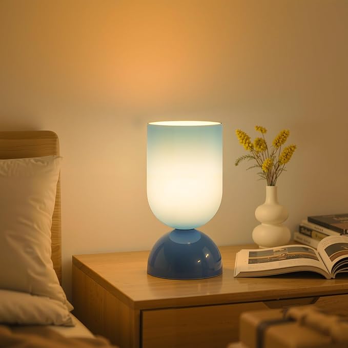 8.9" Modern Glass Table Lamp for Living Room, Dimmable Desk Lamps for Bedroom, UL Listed Nightstand Lamp with Dome Base, End Table Lamps for Home, Side Tables, College Dorm, Office, Glossy Blue