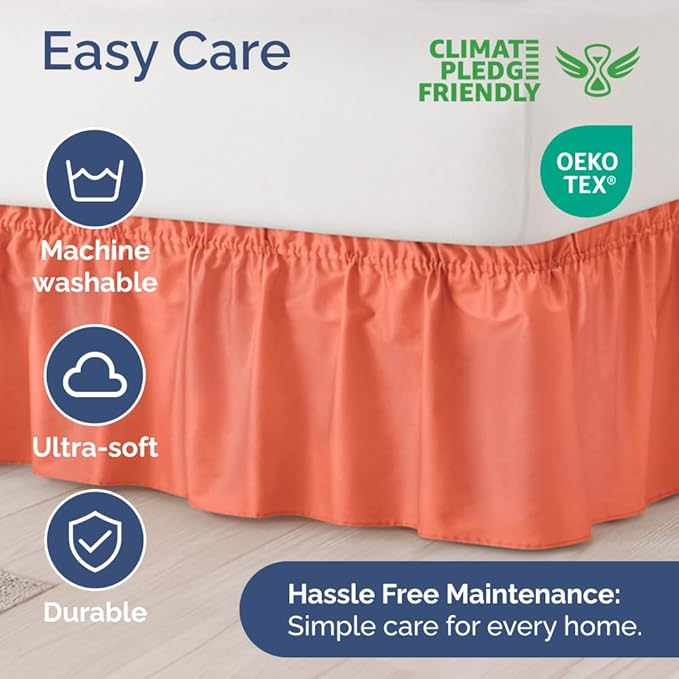 Wrap Around Dust Ruffle Bed Skirt - Coral - for Queen Size Beds with 24 Inch Drop - Easy Fit Elastic Strap - Adjustable Pleated Bedskirt w/Brushed Fabric - Wrinkle Free - for Women, Men, Kids & Teens