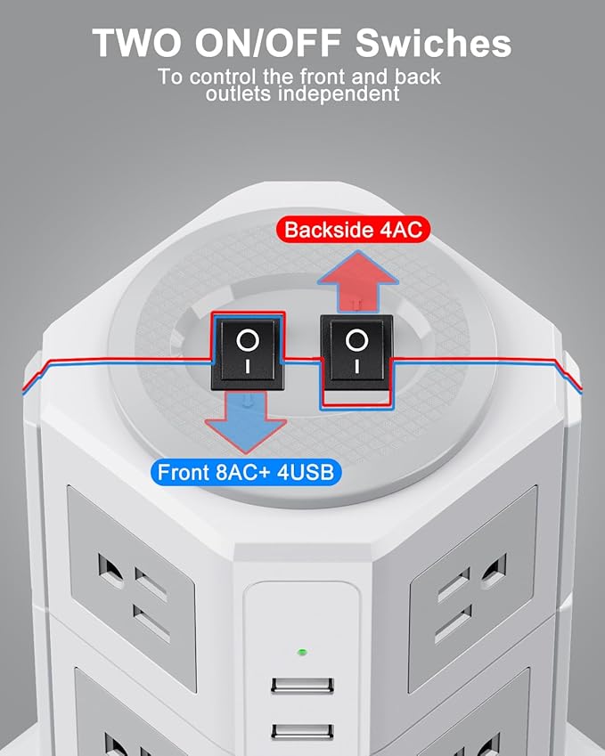 Tower Surge Protector Power Strip Flat Plugs with 8 Outlets 4 USB Ports (2 Type C), 6.5 FT Flat Extension Cord with Multiple Outlets, Charging Station with Surge Protection for Home Office Dorm