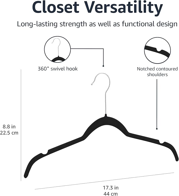 Amazon Basics Slim, Velvet, Non-Slip Shirt Clothes Hangers, Pack of 100, Black