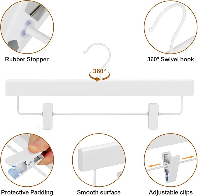 TOPIA HANGER Lotus Wood Pants Hangers, Skirt Short Bridal Trousers Slacks Hangers with 2 Premium Adjustable White Metal Clips with Rubber Stopper Padded 360° Swivel White Hook 10 Pack, CT55W