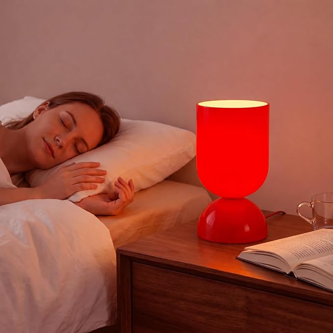 8.9'' Modern Glass Table Lamp, Dimmable Bedside & Desk Lamp for Living Room and Bedroom, UL Listed Nightstand Lamp with Dome Base, Home Decor for Office, Dorm, Side Table, Glossy Red
